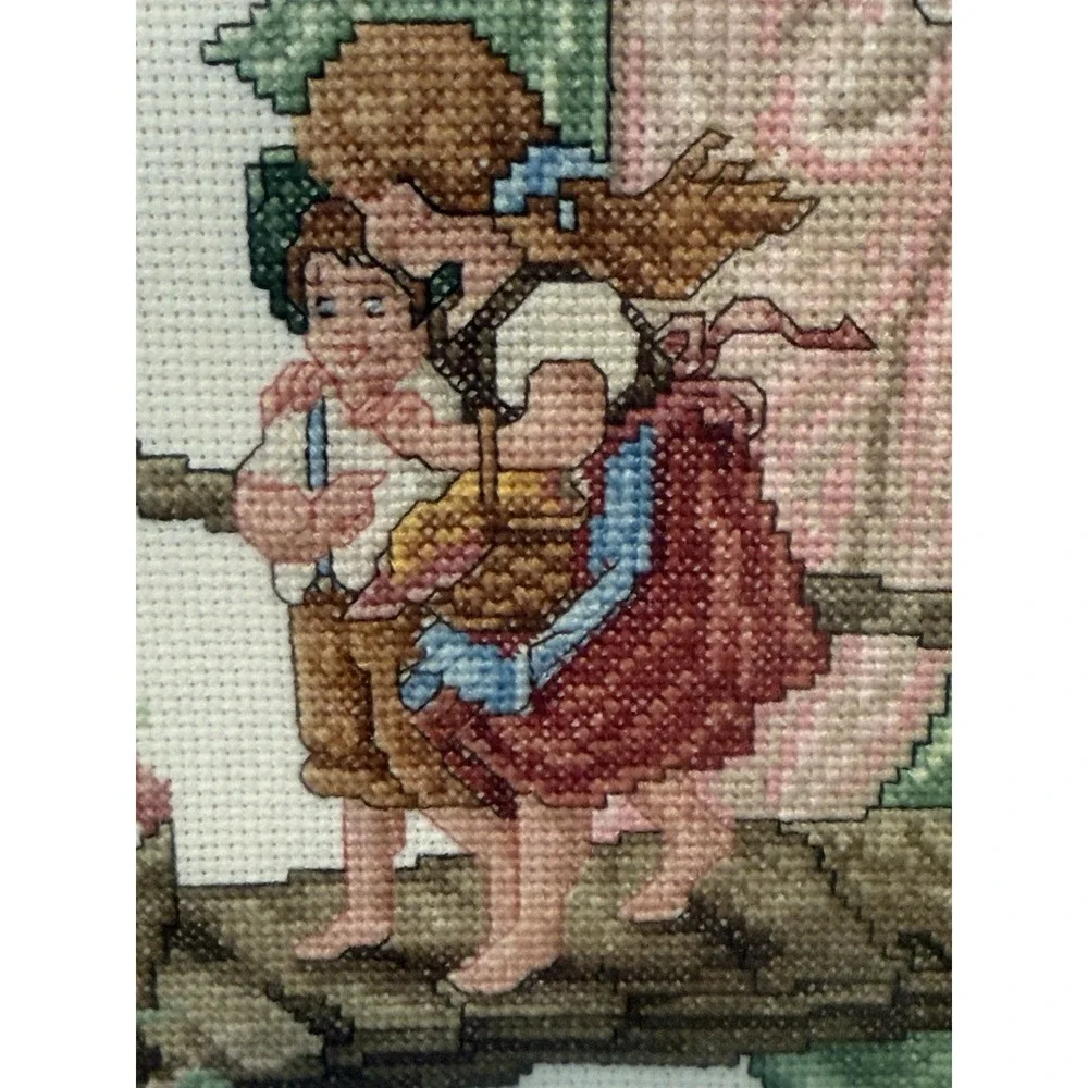 Vintage Guardian Angel Cross Stitch Framed Matted Leisure Arts Wall Hanging 21